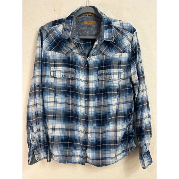 Jachs Girlfriend XL Shades of Blue Plaid Flannel Shirt Pearl Snap Western 100% C - Picture 1 of 8